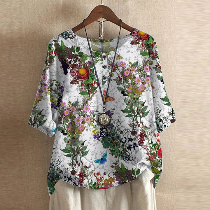 Cleo | Boho Print Top with Short Sleeves and Button Detail