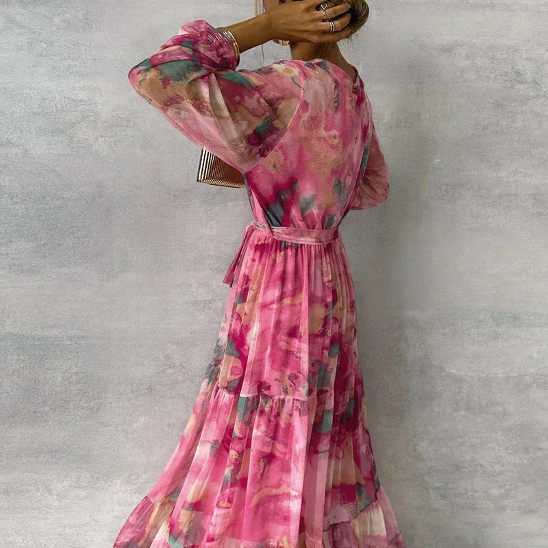Women's Pink Floral Wrap Maxi Dress with Tiered Skirt