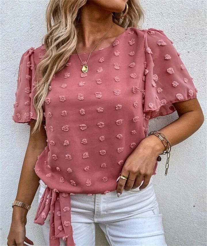Edie | Textured Blouse with Round Neckline and Tie Waist