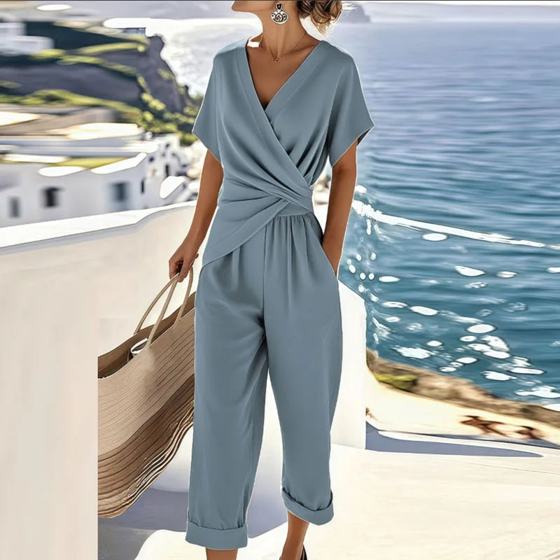 Women's Beige Wrap Top and Cuffed Trouser Two Piece Set