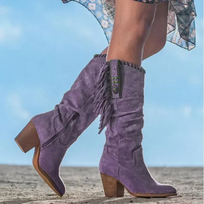 Women's Western Mid Calf Boots with Fringe and Block Heel