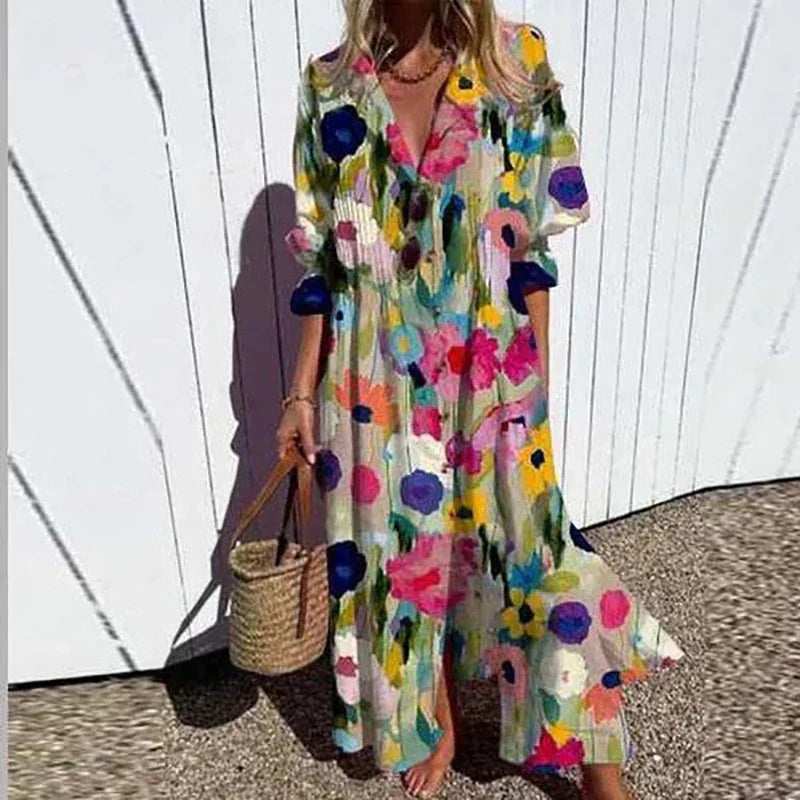 Women's Floral Maxi Dress with V-Neck and Front Slit