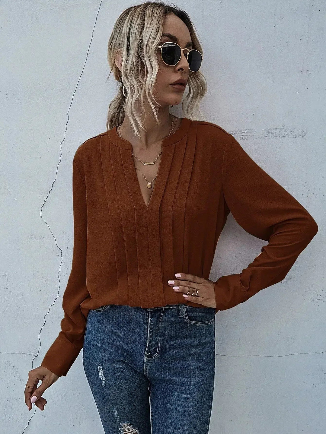 Pia | Pleated Front Blouse with Split V-Neck and Long Sleeves