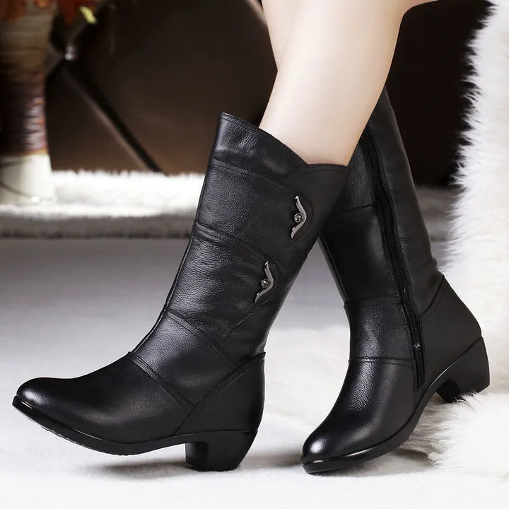 Women's Black Mid Calf Boots with Side Zip Low and Block Heel