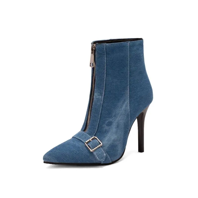 Women's Blue Pointed Toe Ankle Boots with Stiletto Heel