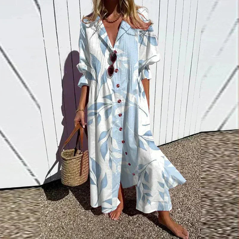 Women's Floral Maxi Dress with V-Neck and Front Slit