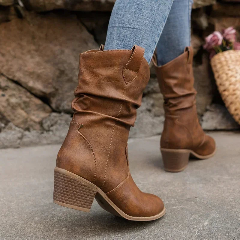 Women's Slouchy Ankle Boots with Block Heel Rounded Toe