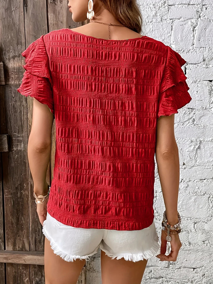 Women's Ruffle Sleeve Blouse with Round Neck and Textured Finish