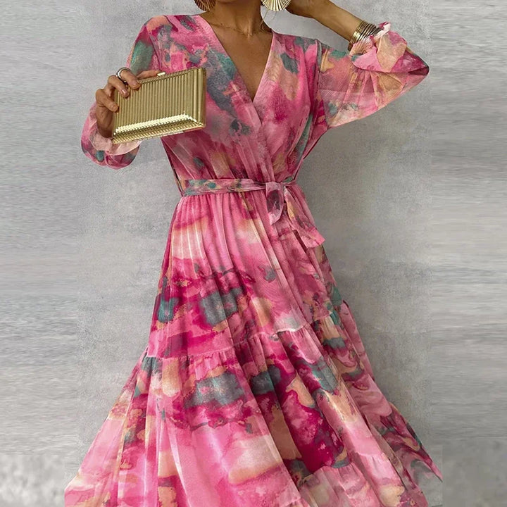 Women's Pink Floral Wrap Maxi Dress with Tiered Skirt