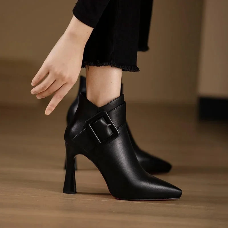 Women's Pointed Toe Ankle Boots with Stiletto Heel Buckle Strap