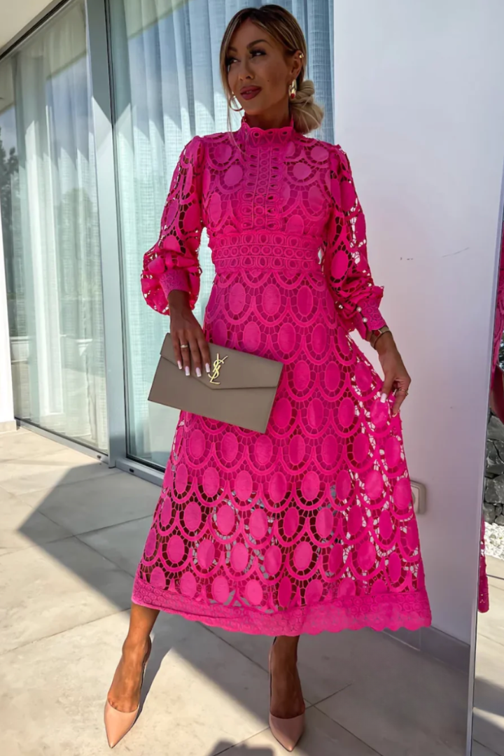 Women's High Neck Midi Dress with Openwork Crochet Pattern