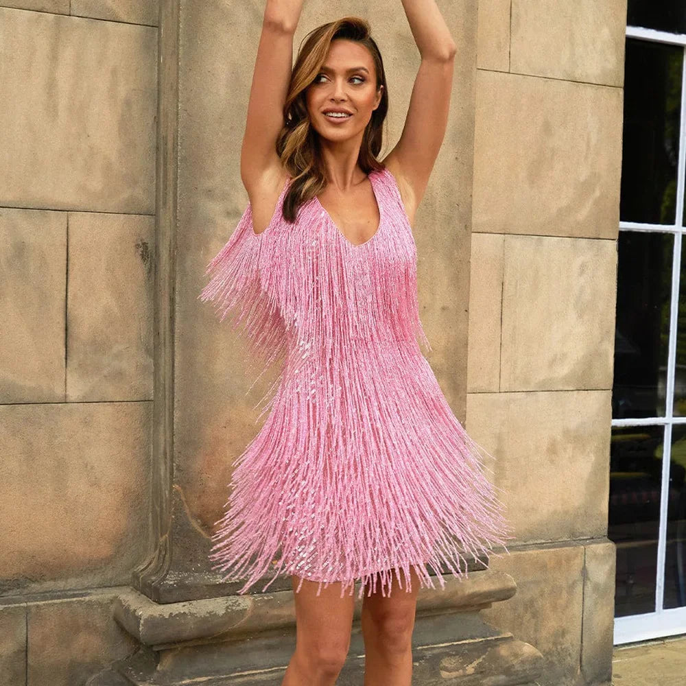 Kimberly | Mini Cocktail Dress with Fringe and Sequins