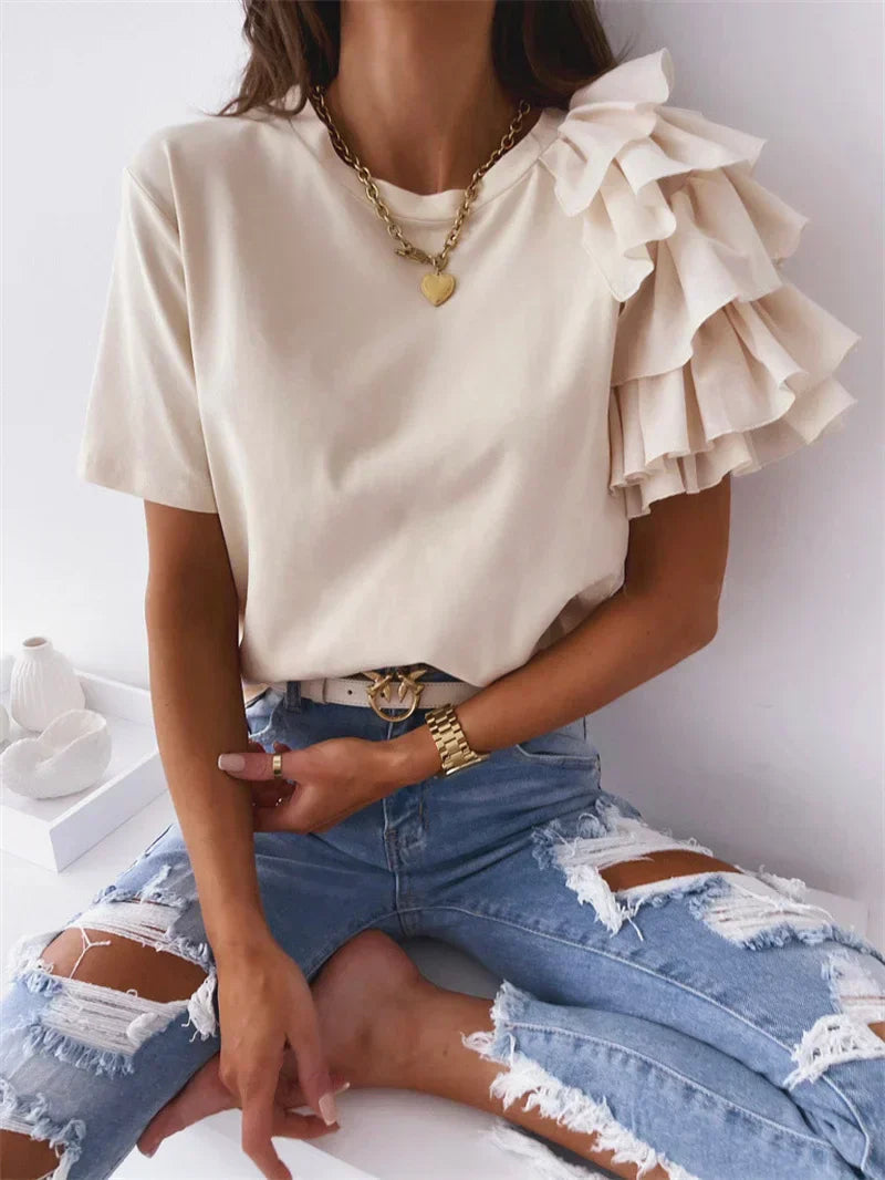 Women's Ruffle Sleeve Top with Round Neck Asymmetrical Design