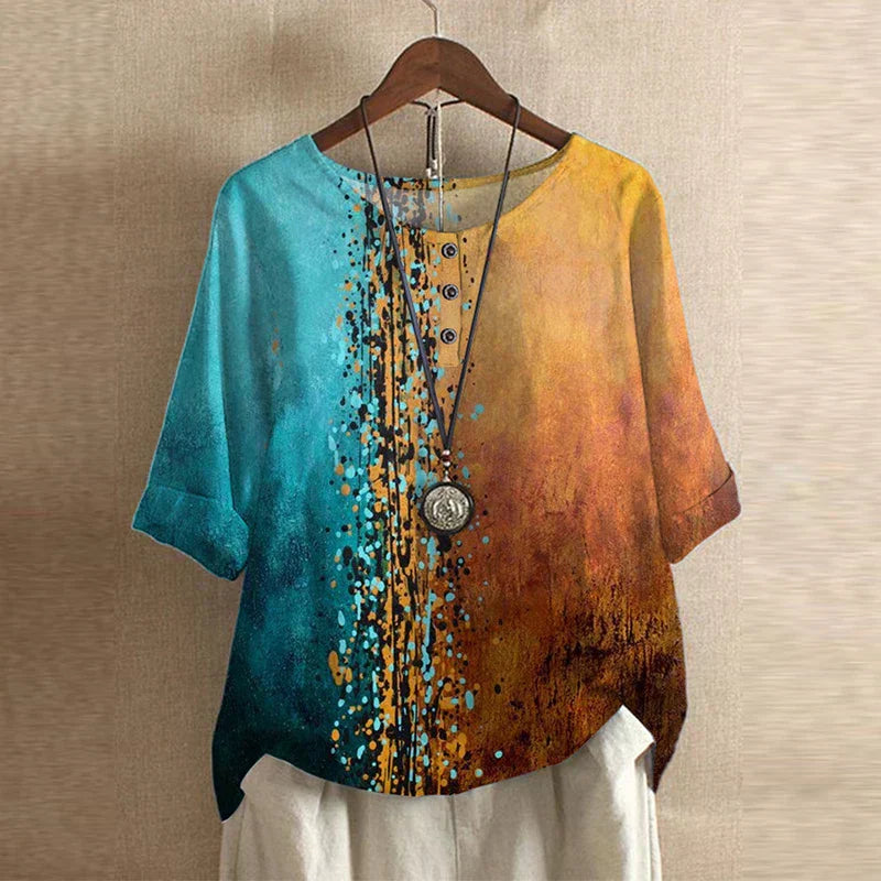 Cleo | Boho Print Top with Short Sleeves and Button Detail