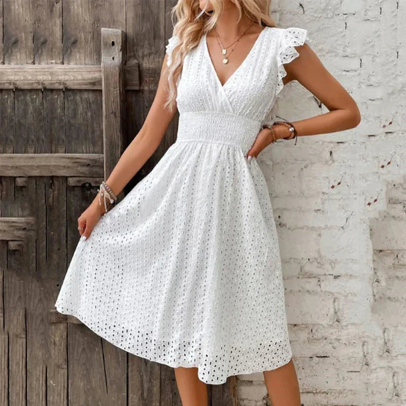 Lily | Midi Summer Dress with V-Neck and Ruffle Straps