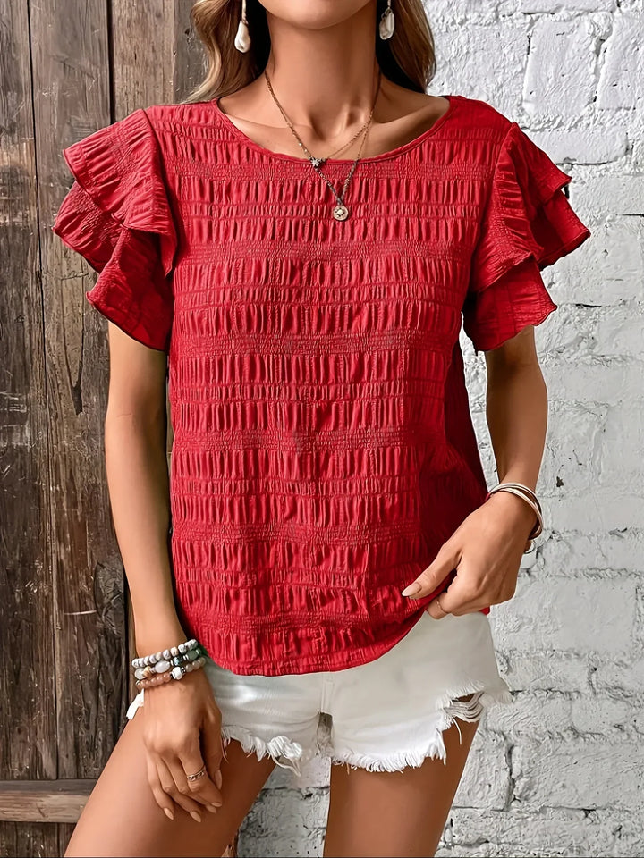 Women's Ruffle Sleeve Blouse with Round Neck and Textured Finish