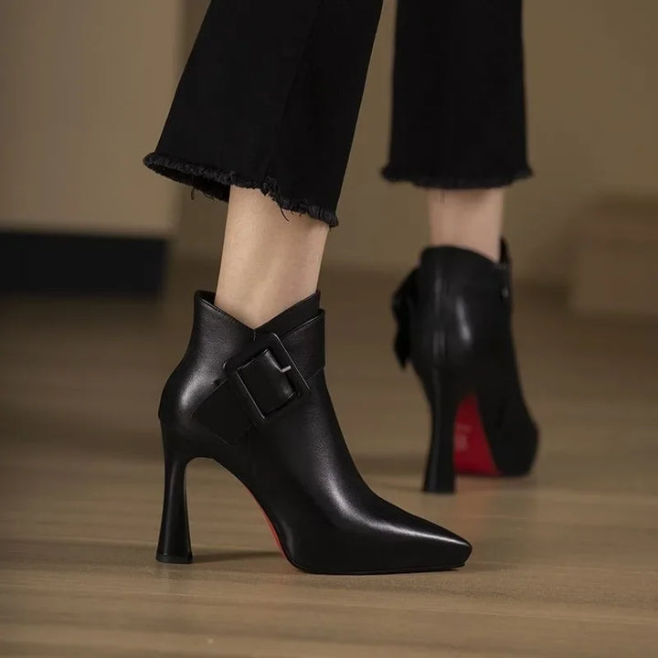 Women's Pointed Toe Ankle Boots with Stiletto Heel Buckle Strap