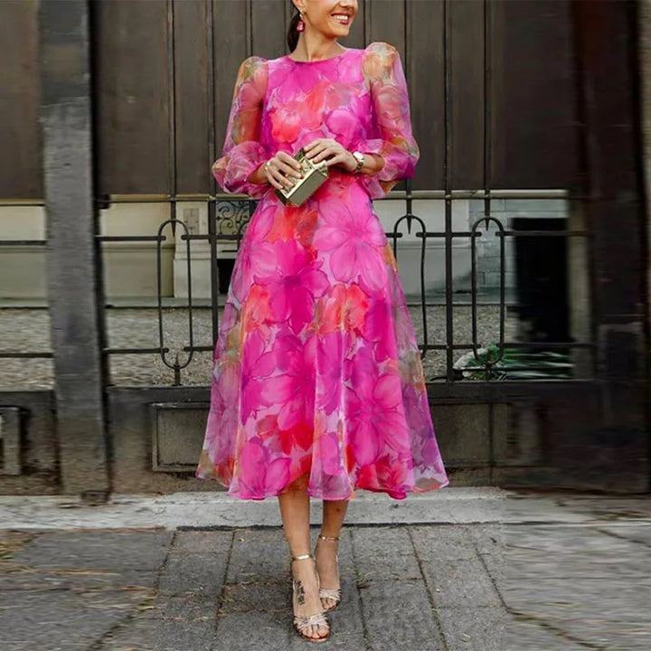Raelynn | Midi Wedding Guest Dress with Floral Print and Puff Sleeves