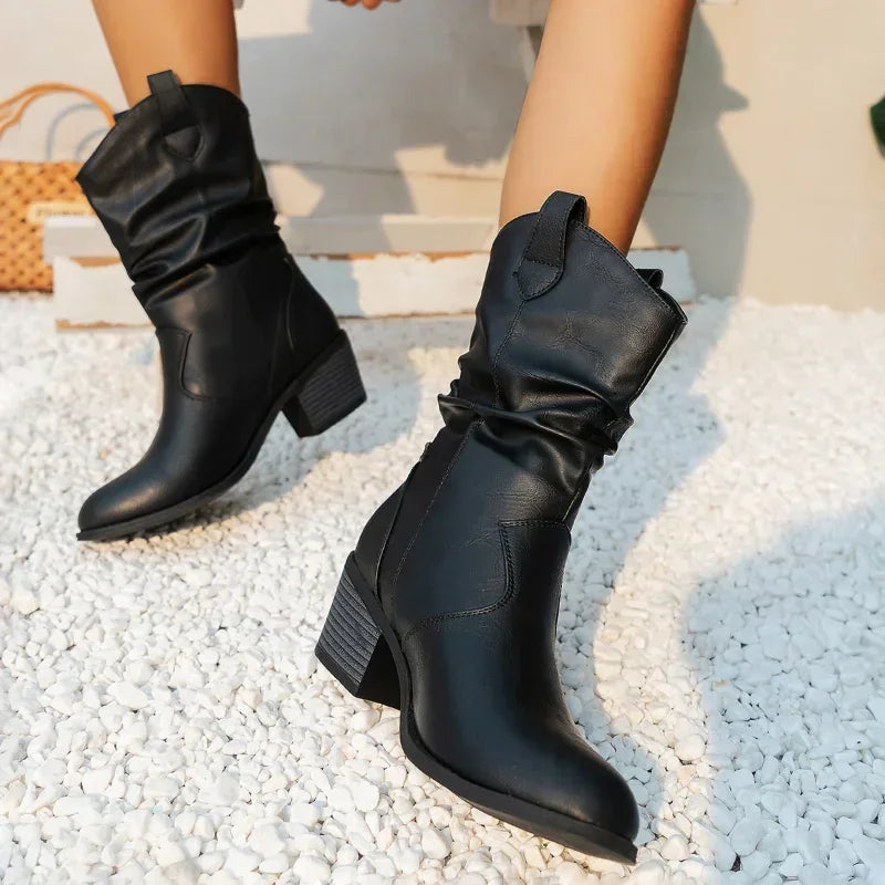 Women's Slouchy Ankle Boots with Block Heel Rounded Toe