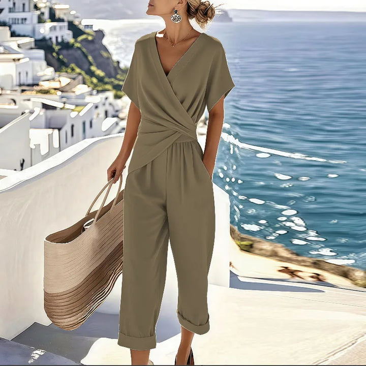 Women's Beige Wrap Top and Cuffed Trouser Two Piece Set