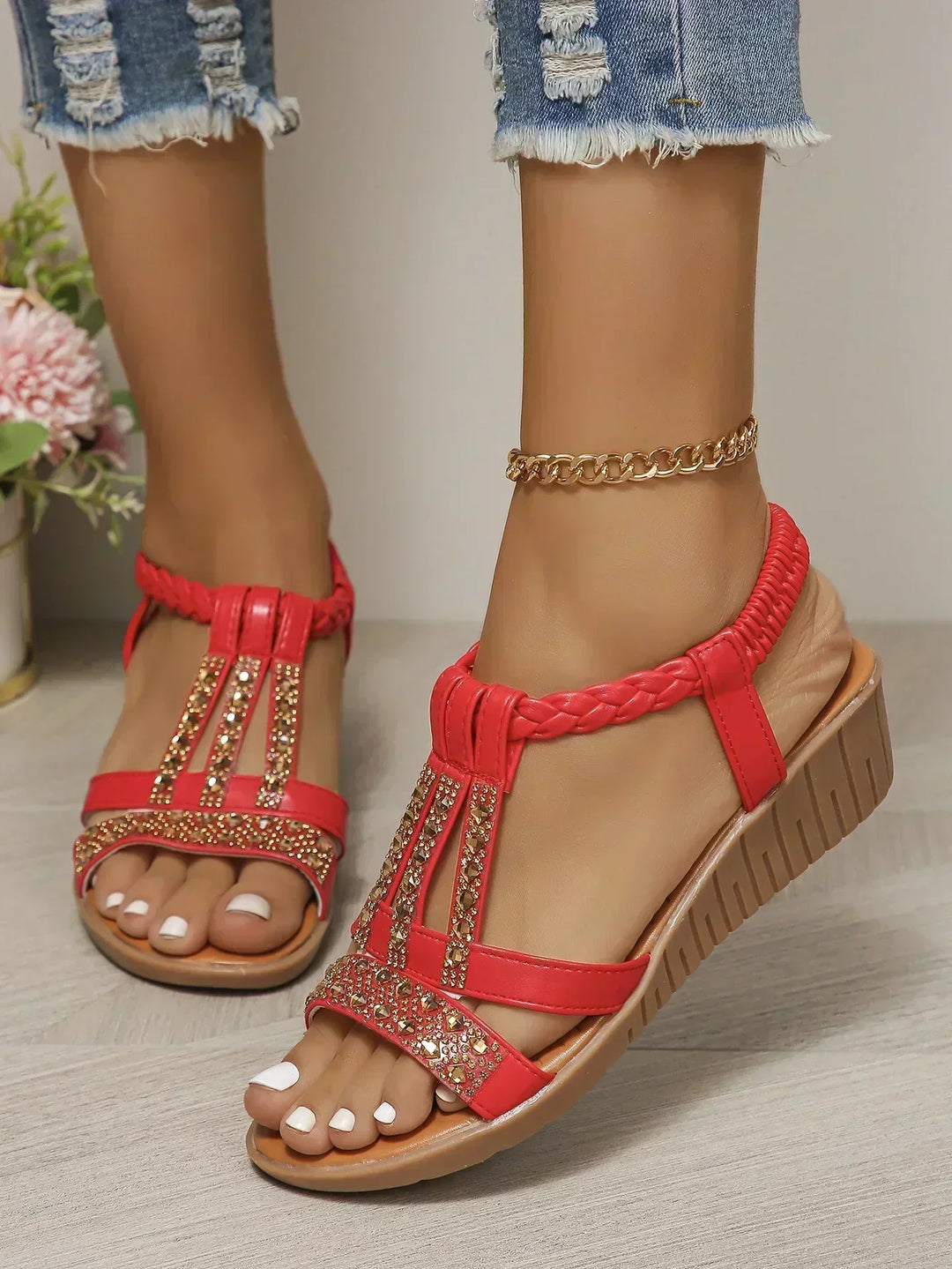 Women's Orthopedic T-Bar Flat Sandals with Back Strap