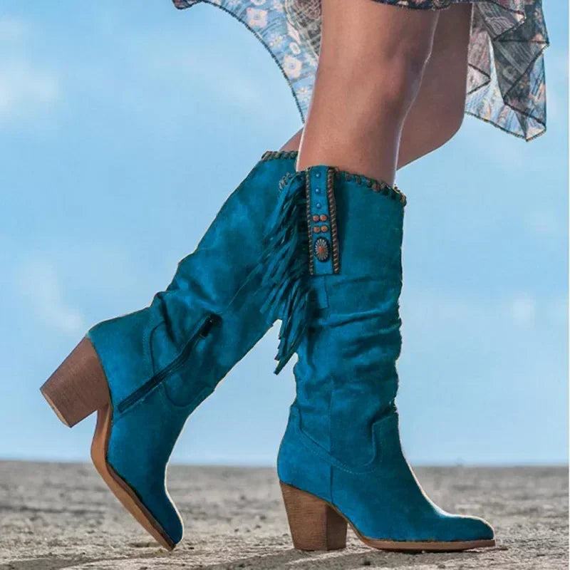 Women's Western Mid Calf Boots with Fringe and Block Heel