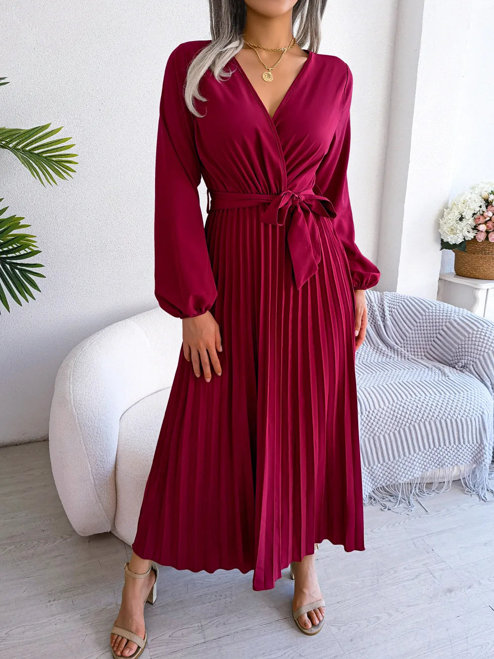 Ellie | Midi Wedding Guest Dress with V-Neck Wrap and Pleated Skirt