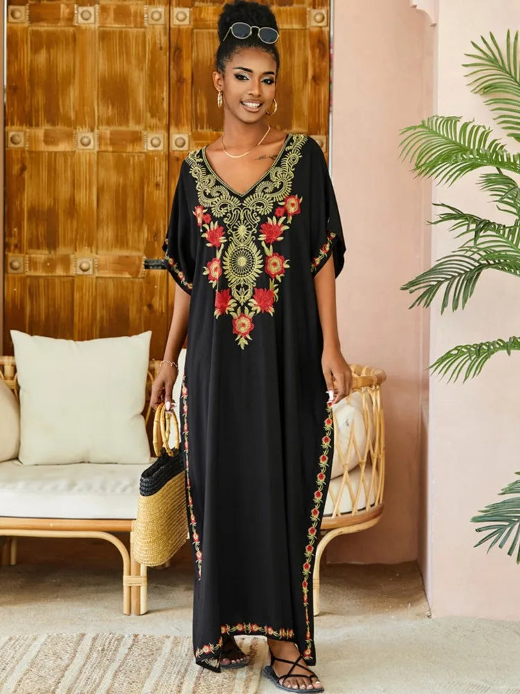 Karen | Maxi Holiday Dress with Embroidered Detail and Batwing Sleeves
