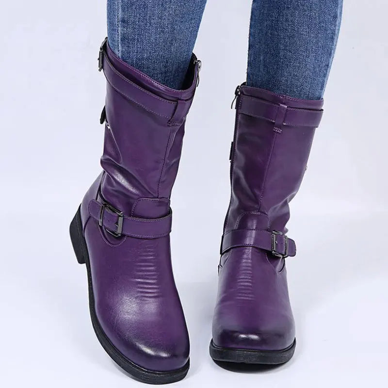 Women's Mid-Calf Moto Boots with Buckle Strap and Low Block Heel