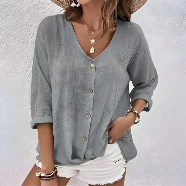 Tess | V Neck Blouse with Three Quarter Sleeves and Button Front
