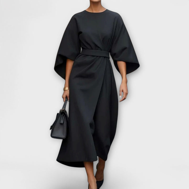 Sonia | Midi Cocktail Dress with Kimono Sleeves and Belted Waist