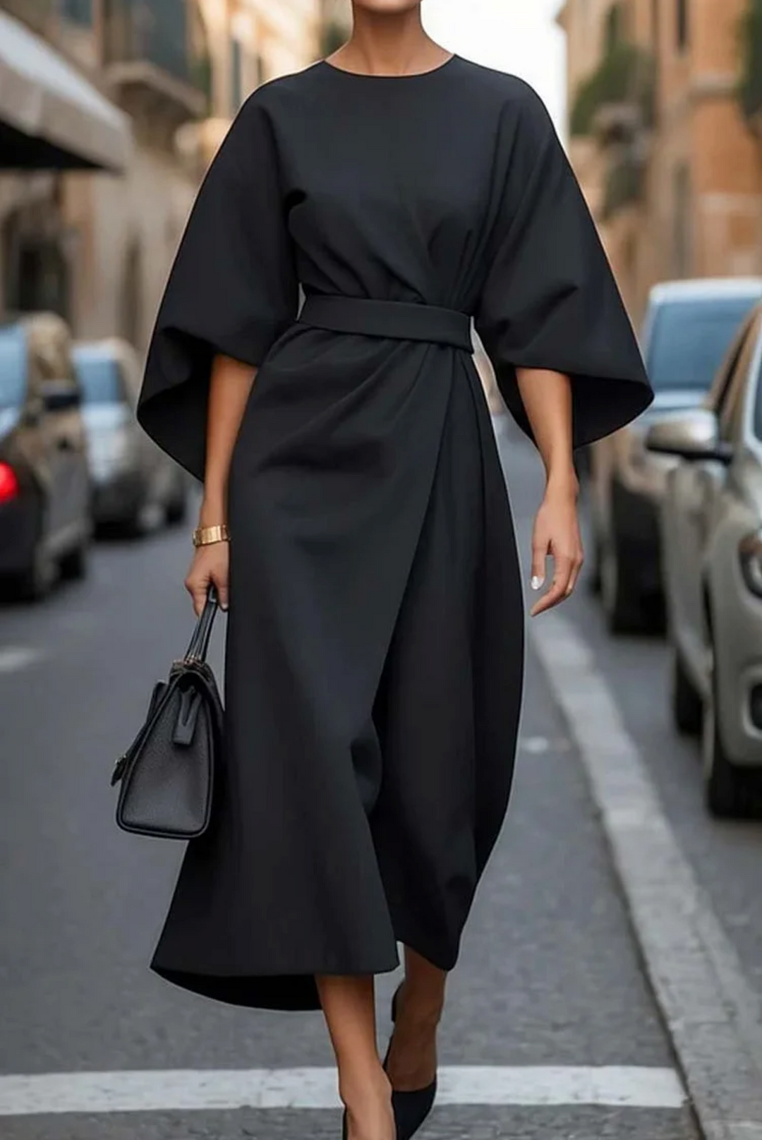 Grace | Midi Cocktail Dress with Lantern Sleeves and Belted Waist