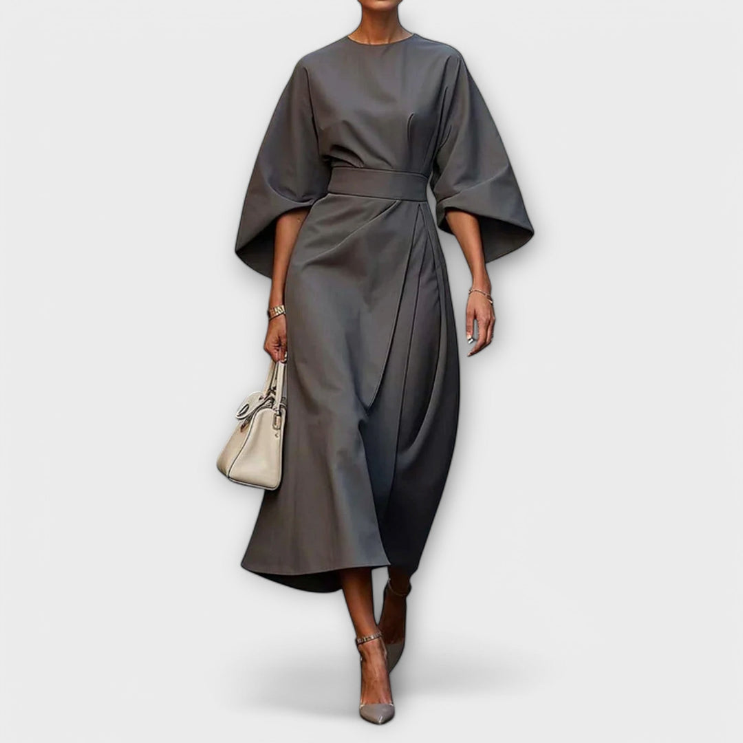 Sonia | Midi Cocktail Dress with Kimono Sleeves and Belted Waist