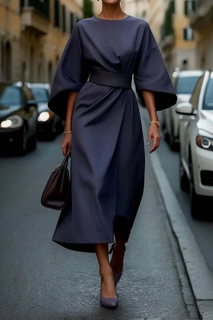 Grace | Midi Cocktail Dress with Lantern Sleeves and Belted Waist