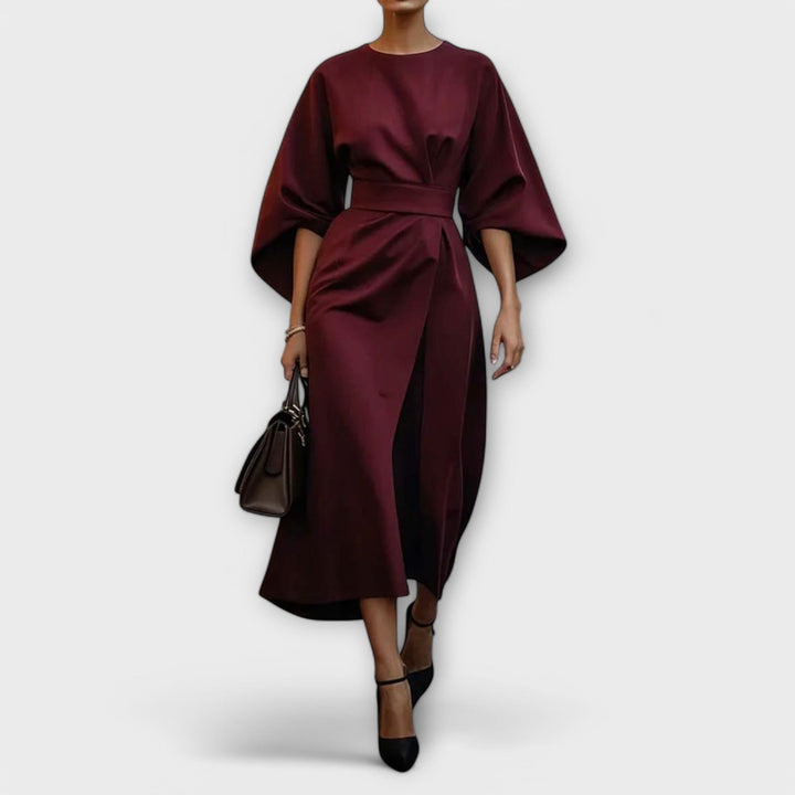 Sonia | Midi Cocktail Dress with Kimono Sleeves and Belted Waist