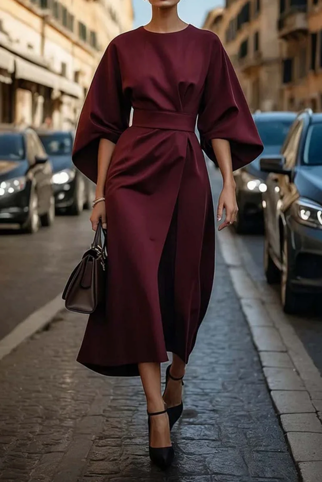 Grace | Midi Cocktail Dress with Lantern Sleeves and Belted Waist