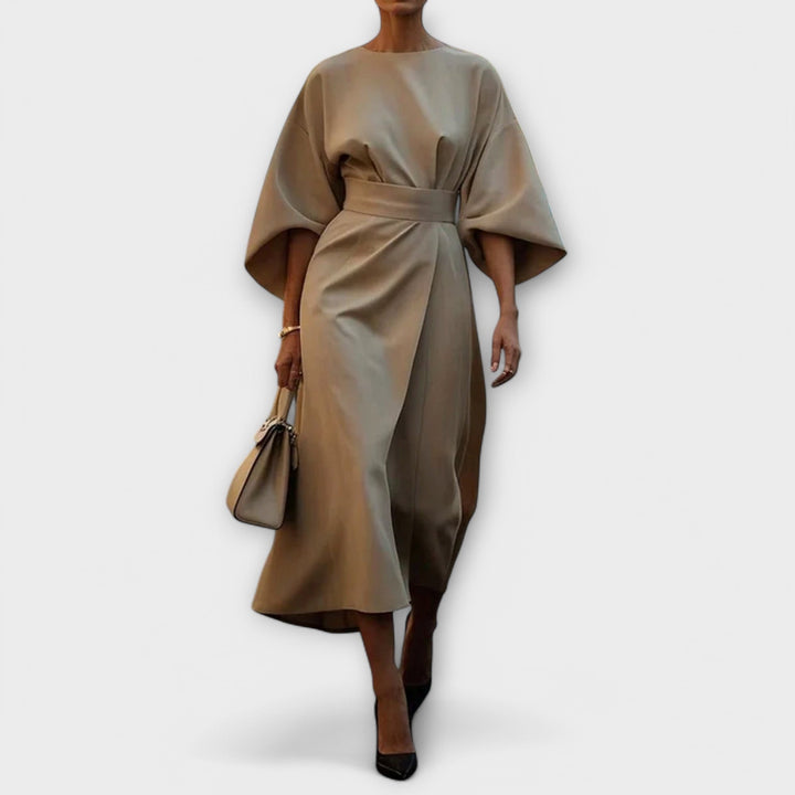 Sonia | Midi Cocktail Dress with Kimono Sleeves and Belted Waist