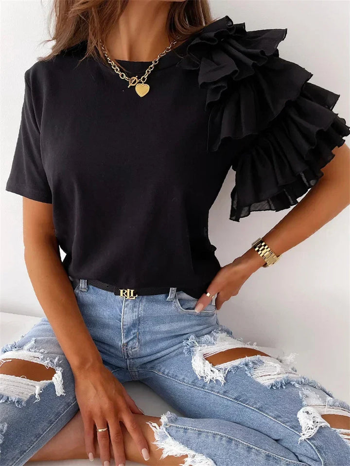 Women's Ruffle Sleeve Top with Round Neck Asymmetrical Design
