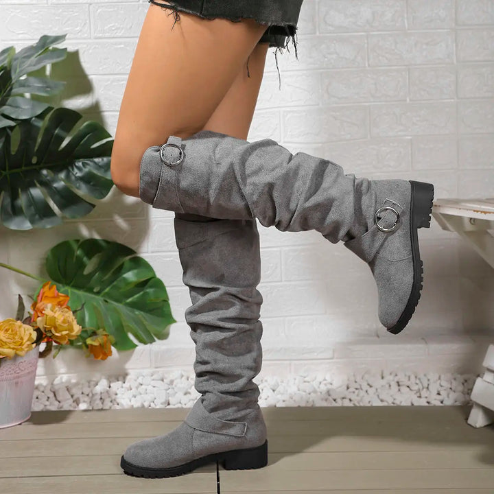 Women's Orthopedic Slouchy Knee High Boots with Ring Buckle Detail