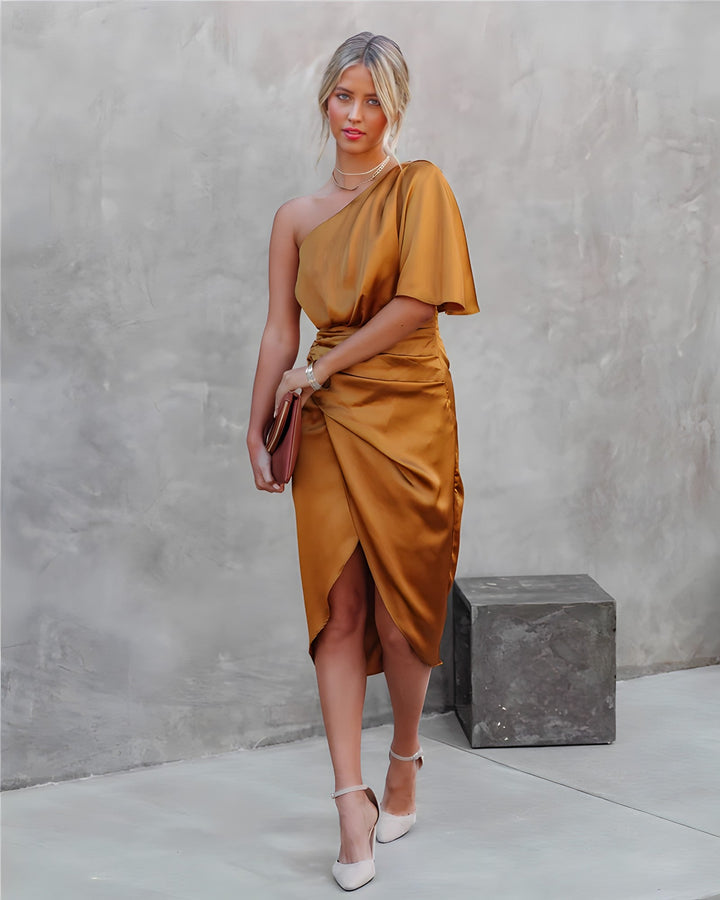 Ava | Midi Wedding Guest Dress with One Shoulder and Draped Bodice