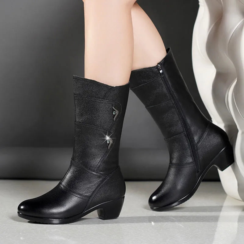 Women's Black Mid Calf Boots with Side Zip Low and Block Heel