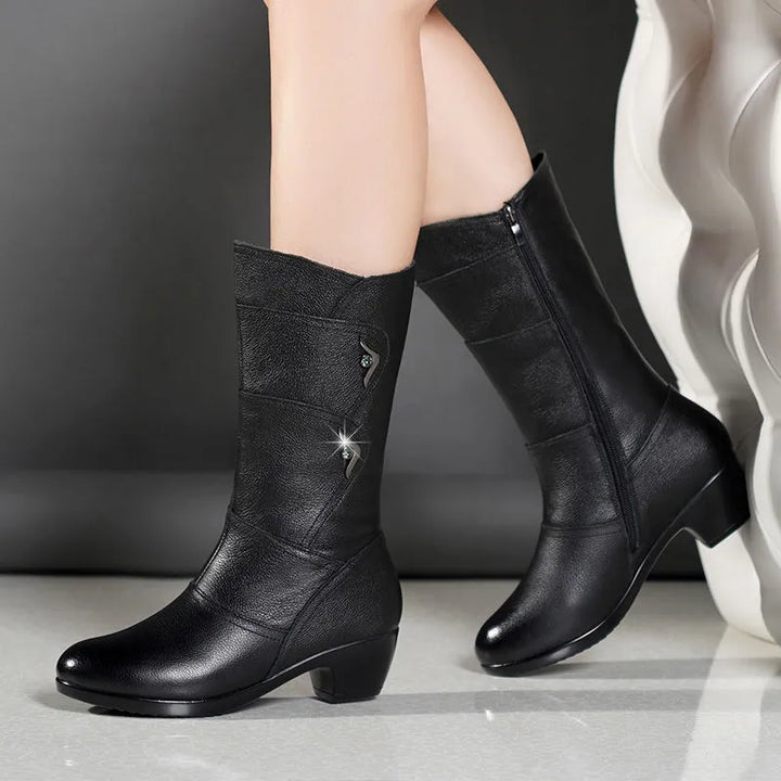 Women's Black Mid Calf Boots with Side Zip Low and Block Heel