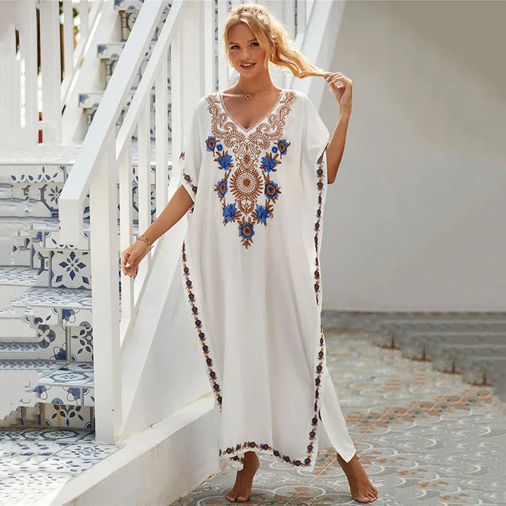 Karen | Maxi Holiday Dress with Embroidered Detail and Batwing Sleeves
