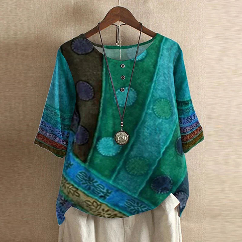 Cleo | Boho Print Top with Short Sleeves and Button Detail