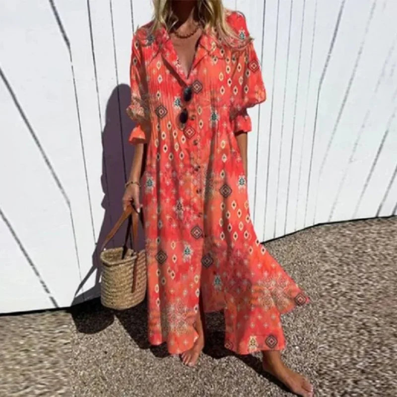 Women's Floral Maxi Dress with V-Neck and Front Slit