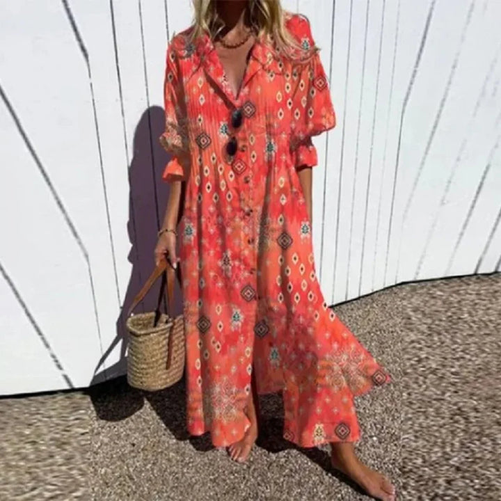 Women's Floral Maxi Dress with V-Neck and Front Slit