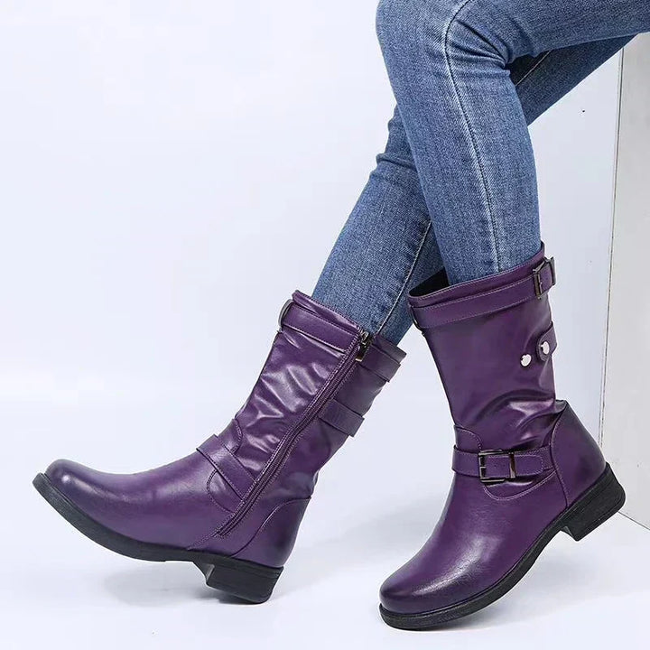 Women's Mid-Calf Moto Boots with Buckle Strap and Low Block Heel