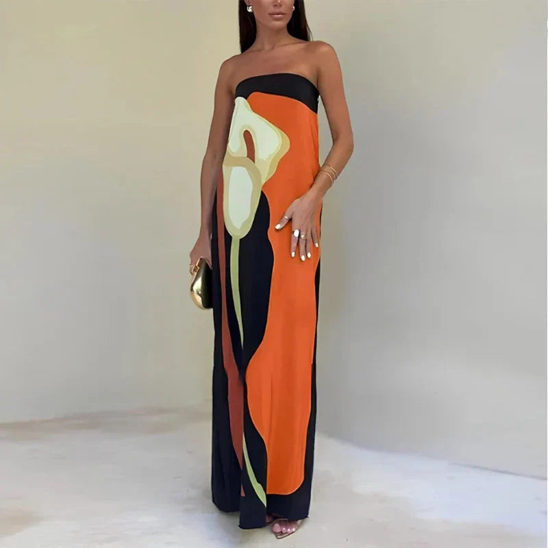 Helen | Maxi Wedding Guest Dress with Strapless Bodice and Abstract Print