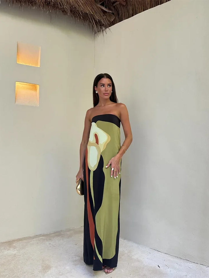 Helen | Maxi Wedding Guest Dress with Strapless Bodice and Abstract Print