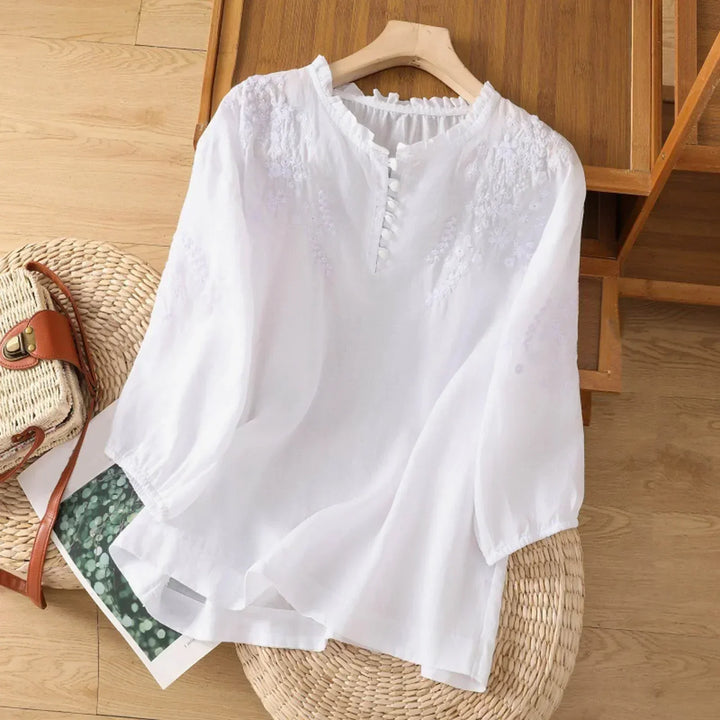 Elsa | Embroidered Blouse with Three Quarter Sleeves and Button Front